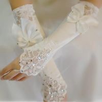 ✁☞☌ Ivory Satin Bridal Gloves Beads Lace Cheap Fingerless Long Ladies Dress Glove Bow Fast Shipping Wedding Accessories