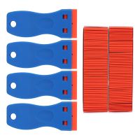4 Pcs Plastic Razor Blade Scraper and 200 Pcs Blades, Remove Label Decal Tool for Stickers, Gaskets and Paints on Window