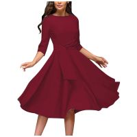 Elegant Midi Dress For Women Spring Autumn Three Quarter Sleeve O Neck Red A line Big Swing Evening Party Dresses