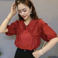 COD DDDGRYTRY Blouses Oversized Shirts Womens New Summer 2022 Short Sleeved Belly Covering Ruffle Top Wine Red/Green Color Shirt