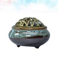 Cone Incense Burner with Alloy Calabash Incense Stick Holder Ceramic Incense Ash Catcher Tray Bowl (Blue)