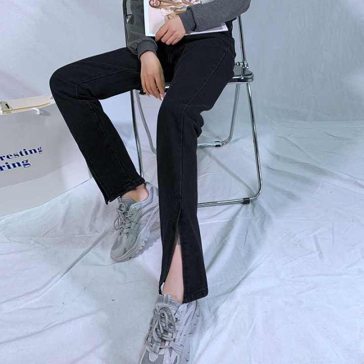 พร้อมส่ง-880-มีไซส์-s-2xl-กางเกงยีนส์ผู้หญิง-ขาบานปลายขาผ่า-เอวสูง-สไตล์เกาหลี-กางเกงยีนส์ขายาว