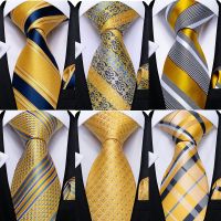 DiBanGu Mens Tie Yellow Striped Silk Wedding Tie For Men Hanky Cufflink Tie Set Fashion Bussiness Party Dropshipping New Design