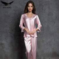 Pink Womens Pajamas Sets Emulation Silk Striped Pyjama Women Sleepwear Sets Female Spring Summer Autumn Woman Homewear