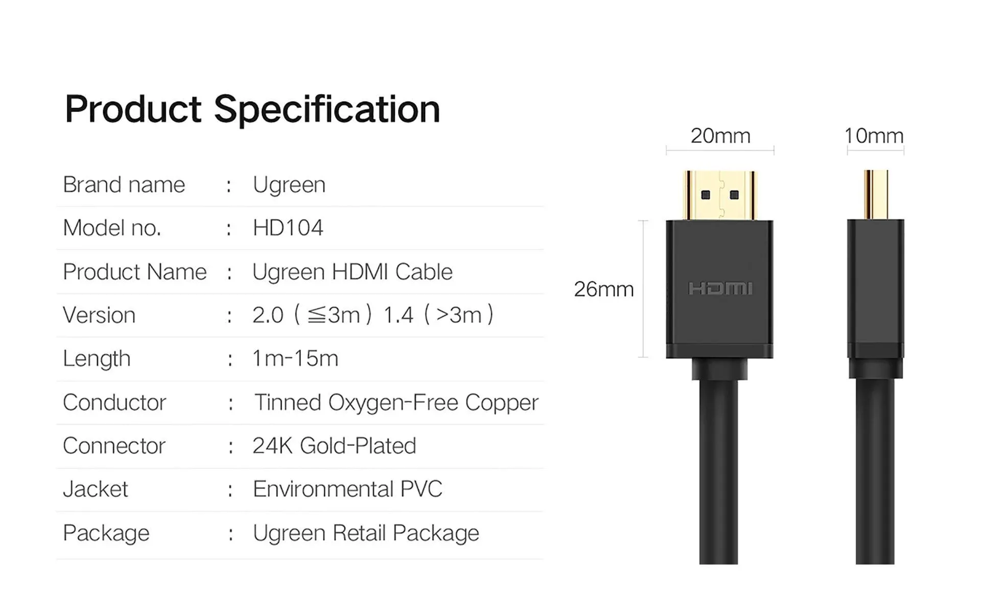 UGREEN 10108 HDMI 2.0 to HDMI Male Cable with Ethernet ( 3M , Standard ,  HD104 4K Video)