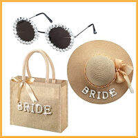 Beach Party Linen Handbag Pearl Letter Straw Hat Ribbon Round Sunglasses 3-piece Set