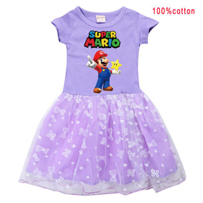 Super Mario Bros ชุดเดรสพิมพ์ลาย,ชุดเดรสแขนยาวสำหรับเด็กผู้หญิงผ้าฝ้าย2-9ปีชุดเดรสสายรุ้งดาวพระจันทร์น่ารักฤดูใบไม้ผลิฤดูร้อน0000เสื้อผ้าเด็ก