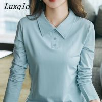 Luxqlo เสื้อยืดผ้าฝ้ายแขนยาวพลัสไซส์ทรงหลวมสีทึบเสื้อยืดลำลองคอโปโลแบบเรียบ