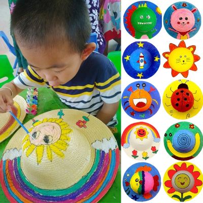 【Smilewil】หมวกสาน DIY หมวก หมวกเพ้นท์ DIY หมวกสานระบายสีด้วยมือ, หมวกฟางเพ้นท์ ของเล่นเด็ก