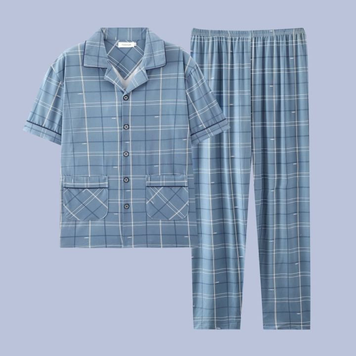 muji-high-quality-mens-pajamas-summer-thin-cotton-short-sleeved-trouser-suit-summer-youth-casual-large-size-can-be-worn-outside-home-clothes