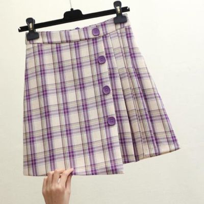 ‘；’ Trimmed Irregular Pleated Skirt Plaid New A  High Waist Pleated Korean Style Harajuku Women Clothing  Vintage Kawaii Skirt