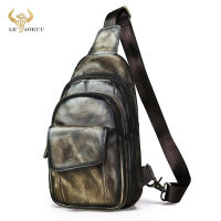 Genuine Cow Leather Men Coffee Fashion Travel Triangle Chest Sling Bag Design 8" Tablet One Shoulder Strap Bag Daypack Male 8013