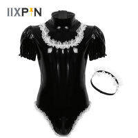 ผู้ชาย Sissy Maid คอสเพลย์เครื่องแต่งกายชุดเปียกดูสิทธิบัตรหนัง Leotard บอดี้สูทลูกไม้แถบคาดศีรษะ Sissy ชุดแม่บ้านเซ็กซี่ Outfit