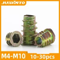 JUIDINTO 10/20/30pcs Thread Insert Nut for Wood Yellow Zinc M4 M5 M6 M8 M10 Flanged Hex Drive Head Furniture Nuts Connector Nails Screws Fasteners