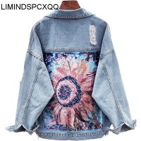 Printing Floral Appliques Rhinestone Womens Denim Jackets Feminine Spring Autumn Boho Sequin Coats Long Sleeve Outerwear Female