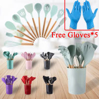 12PCS Silicone Kitchen Utensils Set Non-Stick Cookware for Kitchen Wooden Handle Spatula Egg Beaters Kitchens Hot Accessories