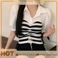 hanshi [2023 new HOT FASHION] lazlook เสื้อถักผู้หญิงมีปกแขนพองเสื้อเอวลอยลายทางย้อนยุคฤดูร้อน