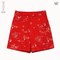 Woman Shanghai Dream Shorts-Wintersweet Flowers กางเกงขาสั้นทรงเอสำหรับผู้หญิง ใส่สบายด้วยเนื้อผ้า cotton 100% ทอในรูปแบบของซาติน มีความเงาเล็กน้อย