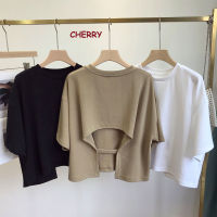 Cherry 2370 เสื้อยืดคอกลมแขนสั้น เสื้อยืดผ้าฝ้าย เปิดหลัง ทรงหลวม สไตล์เกาหลี oversize