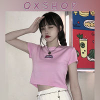 QXshop พร้อมส่งในไทย? เสื้อยืดคอกลมแขนสั้น เสื้อแฟชั่นผญสีพื้นสดใส✨ เสื้อวินเทจ ปักข้อความตรงหน้าอก