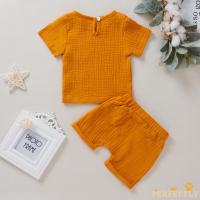 PFT7-Uni Baby Girls Boys Solid Color Cotton Linen 2Pcs Suit, Short Sleeve Round Neck T-shirt with Elasctic Shorts for DailyHome Wear