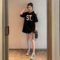 【Plus Size3Colors40-150kg】Oversized Korean Style Women Plus Size Off Shoulder T-shirt with Gathered Wasitlines Round Neck Short Sleeves BIg Loose Letter Printed y Tee Maternity Pregnancy T-shirt Casual Top Soft Cotton Fashion Fat Size T-shi