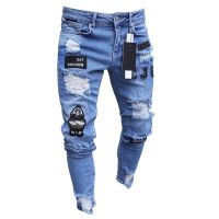 【YD】 3 Styles Men Stretchy Ripped Biker Embroidery Print Jeans Destroyed Hole Taped Denim Scratched Jean