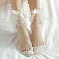 （A Beautiful） 2020SummerThin ถุงเท้าโปร่งใส SockKawaii สีทึบ ShortRetroLace BowGlass เส้นด้ายถุงเท้า