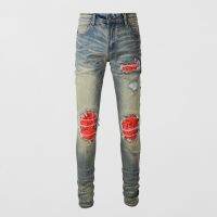 ▨ AMIRI กางเกงยีนส์วินเทจชาย ทรงสลิม แพทช์สีแดง ลำลองไฮสตรีท menscooldenim