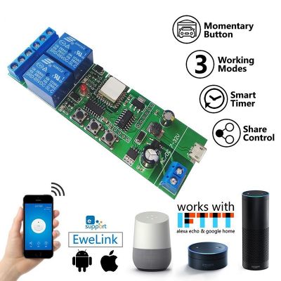 DC 7-32V Ewelink WiFi Relay Module 2 Channel USB 5V Wireless Smart Home Remote Control Switch with RF 433MHZ Alexa Googole Home