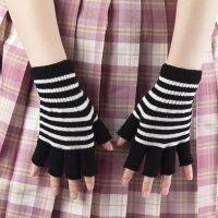 1pair Women Men Stripe Fingerless Gloves Black Mitten Knitted Autumn Winter Touch Screen Het Half-Fingers Adult Warm Winter