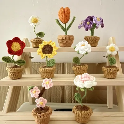 Handmade Knitted Flowers Sunflower Artificial Fake Plants Flower Potted Car Ornament Home Decoration Gift Tulip Crochet Hooks