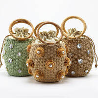 2021 New Handmade Rhinestone Crystal Embellished Straw Bag Small Bucket Lady Travel Purses and Handbags