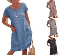 [COD] 2021 ebay independent station wish summer loose solid pocket short-sleeved round neck linen dress womens