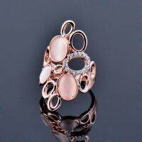 SINLEERY Fashion Big Round Opal Shuttle Hollow Rings For Women Wedding Party Jewelry Size 7 8 9 10 Rose Gold Color SSB