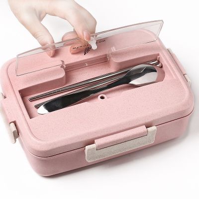 Microwave Lunch Box with Spoon Chopsticks Wheat Straw Dinnerware Food Storage Container Children Kids School Office Bento Box