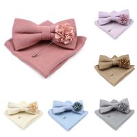 Mens Solid Color Cotton Bowtie Pocket Square Brooch Sets Pink Blue Super Soft Suede Bow Tie Handkerchief For Wedding Party Gift Nails Screws Fasteners