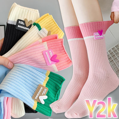 ถุงเท้า Y2K 4คู่สีตรงกับฤดูใบไม้ผลิและฤดูใบไม้ร่วงถุงเท้าซับเหงื่อกันลื่นถุงเท้าผู้หญิงบางๆ