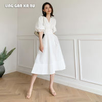 LING GAN KA NU ชุดสตรี  ฤดูร้อนใหม่แฟชั่นเสื้อผ้าภาษาฝรั่งเศสคำ Retro อารมณ์สูงเอว V คอกลางความยาวพัฟแขน A-Line ชุดกระโปรง