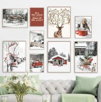 Christmas Red Car Girft Box Deer Snowflake Wall Art Canvas Painting Nordic Posters And Prints Wall Pictures For Living Room Home