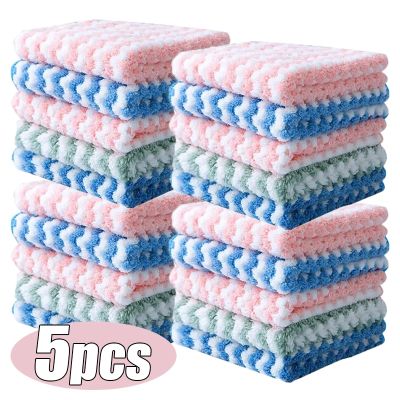 ♟₪ 5PCS Microfiber Kitchen Towel Thick Coral Fleece Cloths Dish Washing Cleaning Rags Super Absorbent Non-stick Oil Scouring Pads