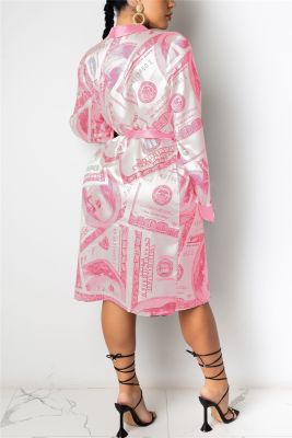 {Xiaoli clothing} เสื้อคลุมผ้าซาตินผู้หญิงอินเทรนด์ดอลลาร์พิมพ์แขนยาว Silky Kimono เสื้อคลุมอาบน้ำชุดนอนพร้อมเข็มขัด