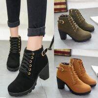 Autumn High-Heel Boots Belt Buckle Shoes Chunky-Heel Short Boots round-Toe Martin Boots Womens Lace-up Boots HYGC-B30