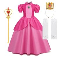 Cosplay Peach Costume for Girl Summer Bubble Sleeve Princess Elegant Dress Kids Halloween Christmas Party Dress Children Clothes