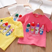 Girls T-shirt Ins New 3D Bear Hats Round Neck Kids Tops Soft Cotton Shorts Sleeves Baby Summer Clothes