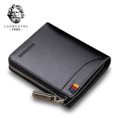 LAORENTOU Business Mens Short Wallet Small Card Holder Genuine Leather Fashion Coin Purse Casual Standard Clutch Money Bag Male