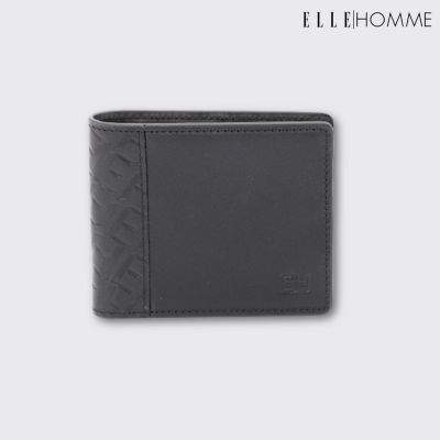 ELLE HOMME กระเป๋าสตางค์หนังวัวแท้ สไตล์ Business แบบพับสั้น สีดำ รุ่น W8W001