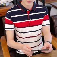 Polo shirt เสื้อโปโลแขนสั้นผู้ชายฤดูร้อนแขนสั้นผ้าฝ้ายบางลายทางธุรกิจเสื้อโปโลปก DQC