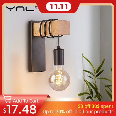Nordic Iron Wood Wall Lamp Retro Wall Light Fixture E27 Indoor Industrial Decor Dining Room Sconce Bedside Lamp Bedroom Light