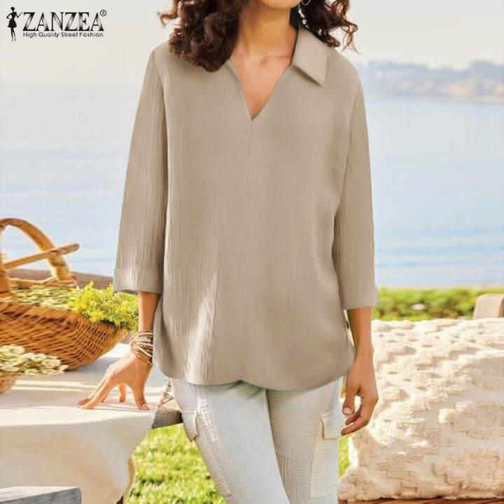 ZANZEA Women's Commute Work V-Neck Pullover Vintage Cotton Long